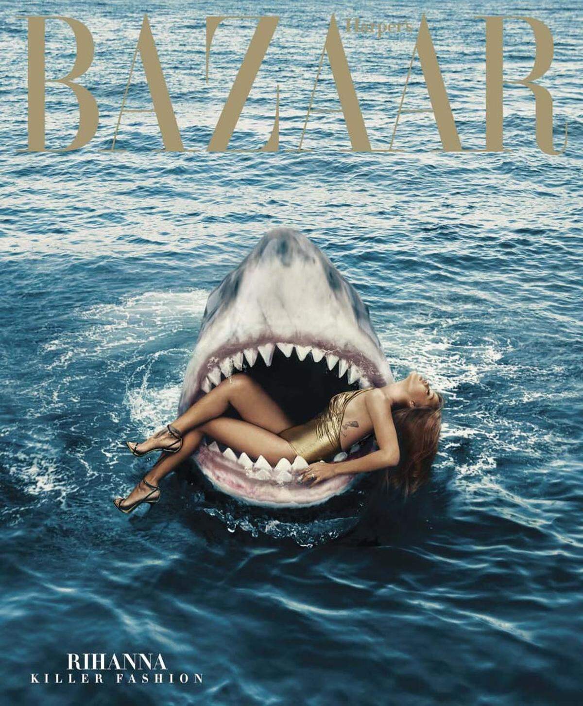 Rihanna im Maul eines Haies. Das gefiel 42 Prozent der Stimmen, die Journalisten, Bildredakteure, Art Direktoren und Leser abgaben. Norman Jean Roy fotografierte die Sängerin für die März-Ausgabe von Harper's Bazaar.