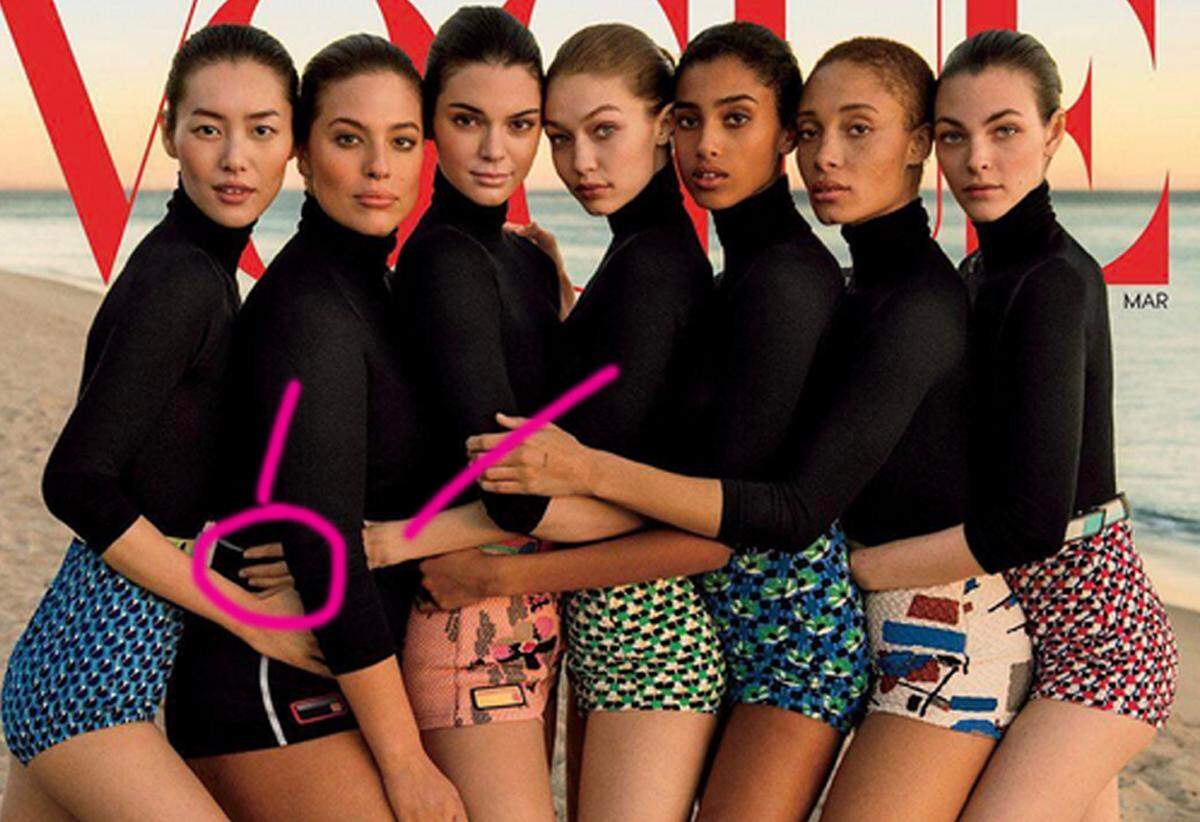 Doch nicht alle glauben an einen übermäßigen Photoshop-Einsatz. Es könnte sich auch um eine optische Täuschung handeln. Das Handgelenk würde zu Gigi Hadid gehören, die Finger zu Ashley Graham.