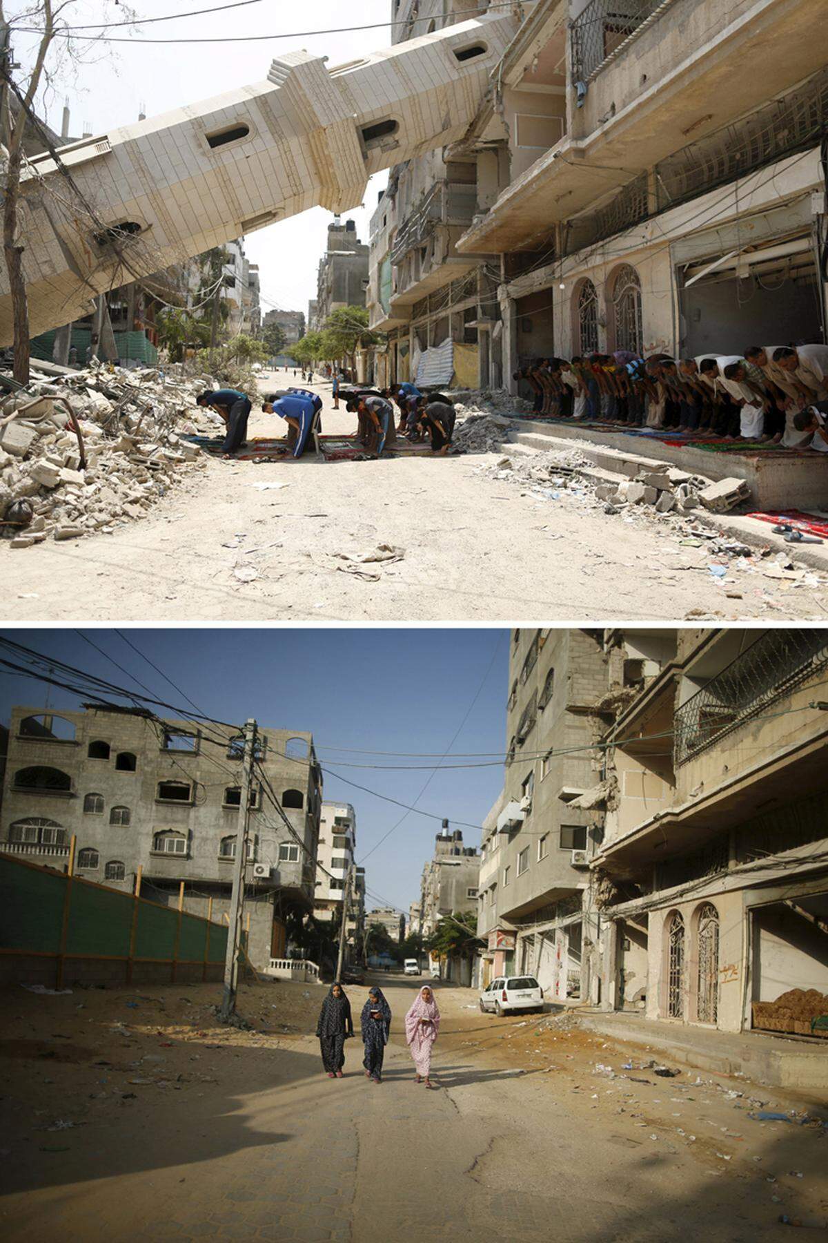 Das obere Bild stammt vom 15. August 2014, als Palästinenser im Schutt des Kriegs das Freitagsgebet sprechen. Die Moschee wurde durch isrealische Luftangriffe zerstört. Etwa ein Jahr später ist das Areal mit einem Zaun abgesperrt.