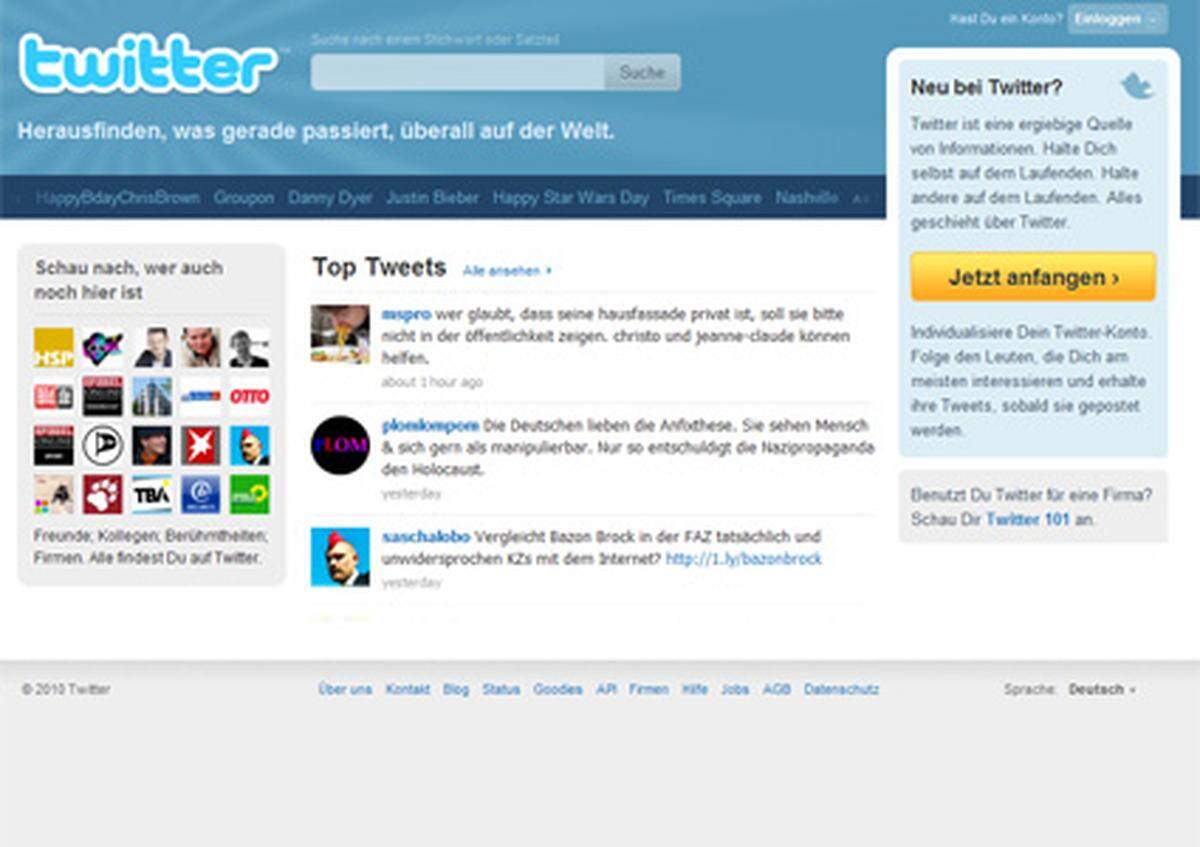 Ein Wort: Twitter. Obwohl, eigentlich 140 Zeichen, denn soviel hat jeder der unzähligen Nutzer Platz, um seine Meinung, eine Nachricht oder einfach nur eine Befindlichkeit in die Welt zu schicken. Das Portal wurde 2009 schon als bester Newcomer gekürt.