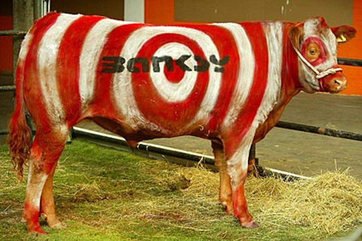 Bei Tierschützern ist er nicht beliebt: Denn Banksy macht mit seinen Spraydosen auch vor Tieren nicht Halt. Für die Turf War-Ausstellung 2003 bemalte er eine Kuh.