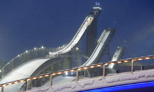 The three ski jumping hills of Salpausselka are pictured during the Lahti Ski Games, the Pre-World Championships, in Lahti, Finland
