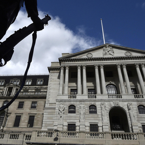 A war memorial statue is seen in front of the Bank of England in the City of London, Britain