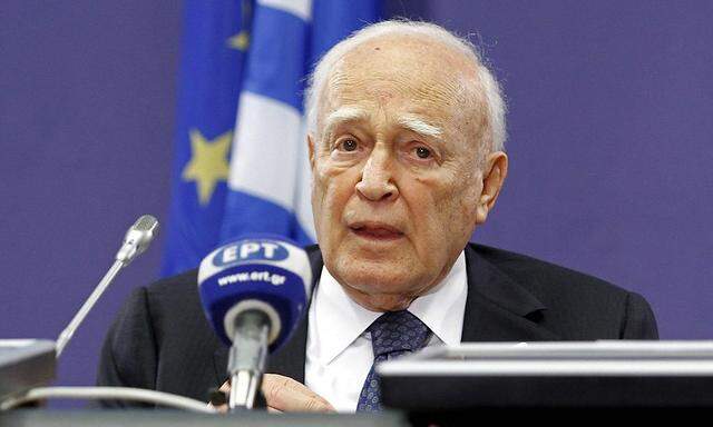 Greece's President Papoulias addresses a news conference after an EU leaders summit in Brussels