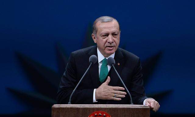 Turkish President Recep Tayyip Erdogan delivers a speech during a meeting of the members of Balkan F