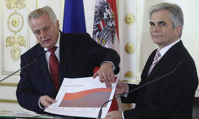 Hundstorfer and Faymann display a diagram during a news conference on the pension system in Vienna