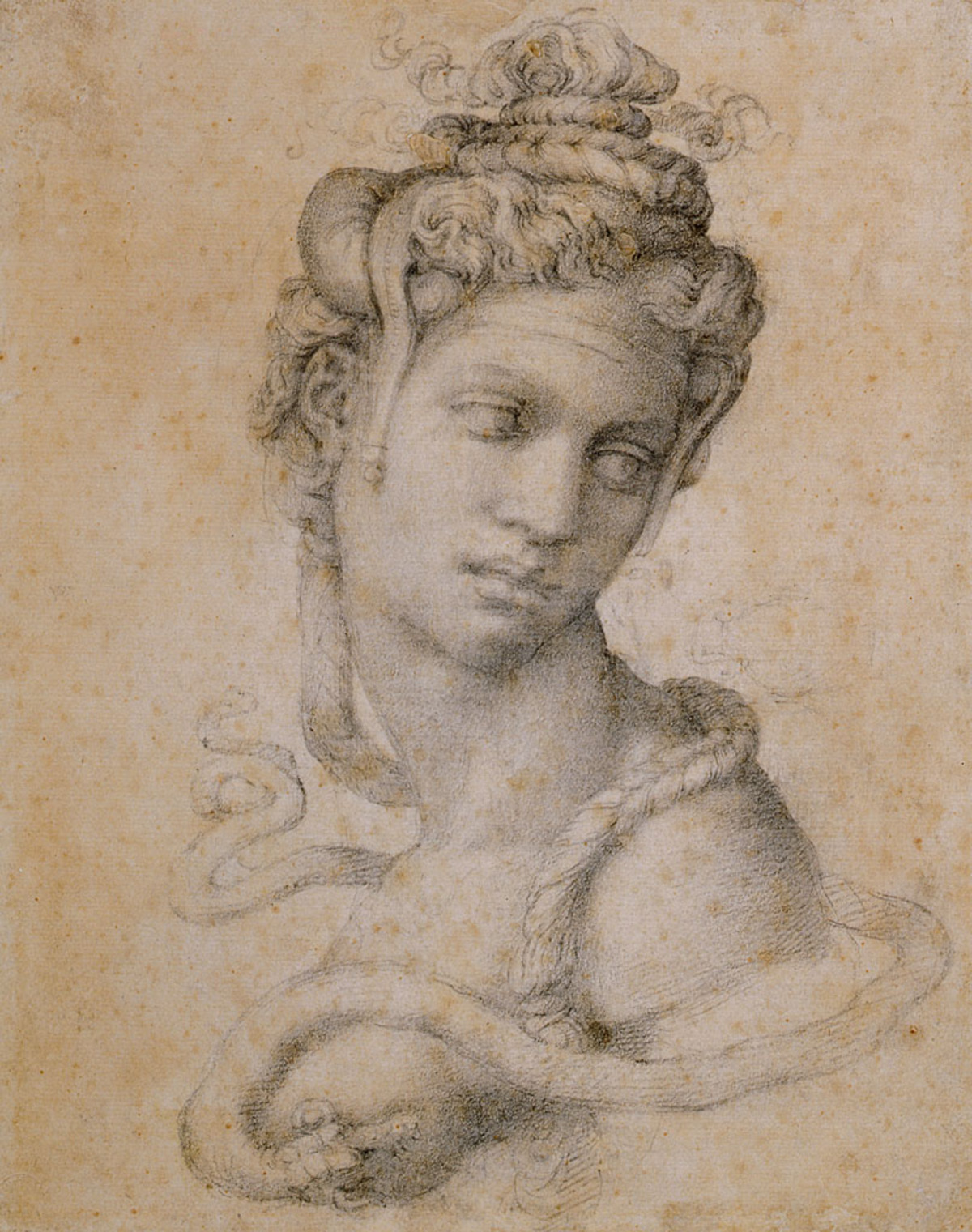 So entsteht das Grab des Papst Julius II mit Gipsabgüssen der Statuen, die im 19. Jahrhundert datieren, unter den Kopisten von verlorenen Zeichnungen Michelangelos finden sich Namen wie Peter Paul Rubens. Im Bild: Halbfigur der Kleopatra (Recto), um 1533 © Casa Buonarroti, Florenz