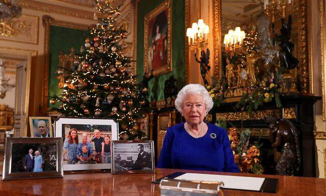 Britain's Queen Elizabeth poses, after recording her annual Christmas Day message in Windsor Castle, in Berkshire