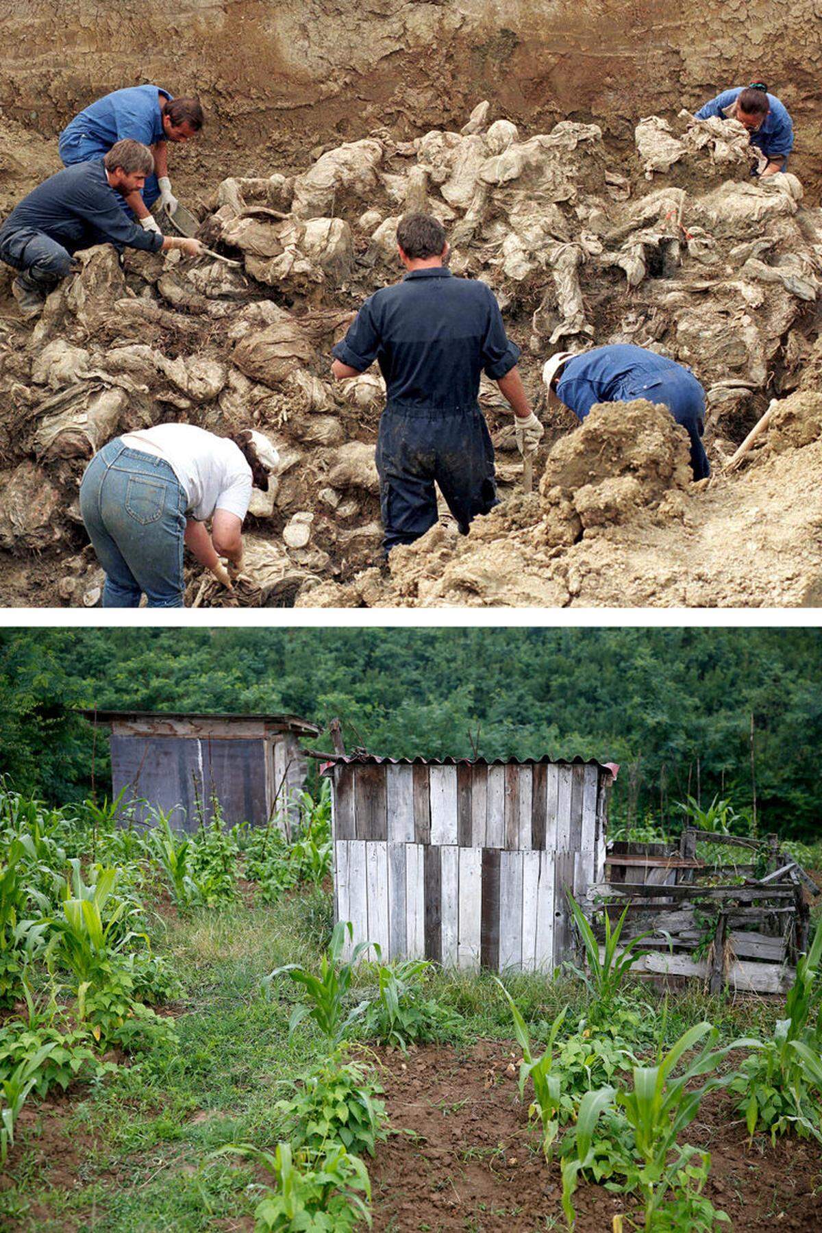 Nach etwa tausend einstigen Bewohnern Srebrenicas wird noch immer gesucht. Bild: Massengrab in Pilica im September 1996 und heute.
