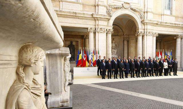 Gruppenfoto mit den EU-Staats- und Regierungschefs in Rom. Die britische Premierministerin May reiste nicht an.