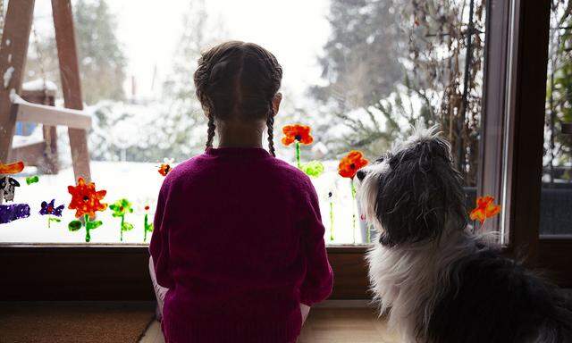 Girl (8-9) sitting on floor, looking out of a window onto a snow covered garden and watched by pet dog