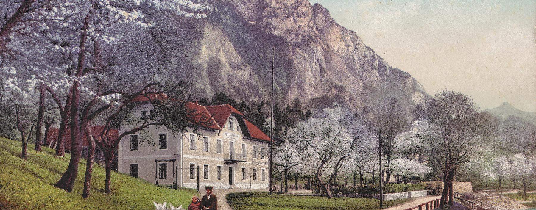 <strong>Beliebtes Ausflugsziel: </strong>Gasthof zur kleinen Ramsau, Ansichtskarte, ca. 1910.