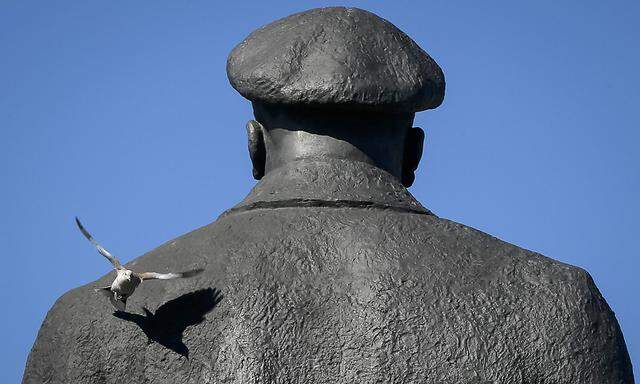 Pigeon flies from a monument of Soviet leader Vladimir Lenin in central Slavyansk