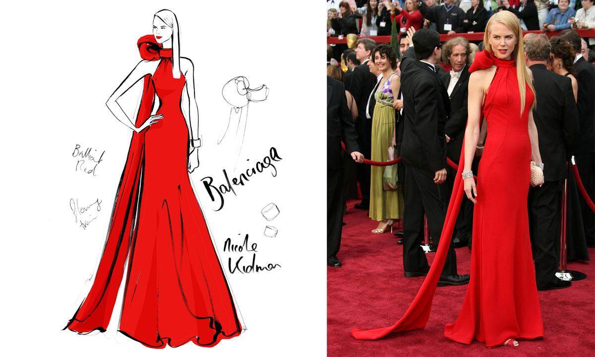 Begleitet werden die Illustrationen von Anekdoten, die zeigen, warum jedes der Kleider einen modischen Glanzpunkt darstellt, den Zeitgeist der Generation einfängt oder die Strahlkraft einer Stilikone repräsentiert. Nicole Kidman in einem roten Kleid von Balenciaga bei den Oscars 2007.