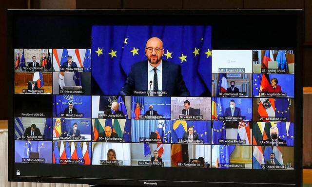 So sieht der EU-Videogipfel aus, der Donnerstagnachmittag gestartet ist. Kanzler Kurz ist noch nicht vor der Kamera zu sehen.