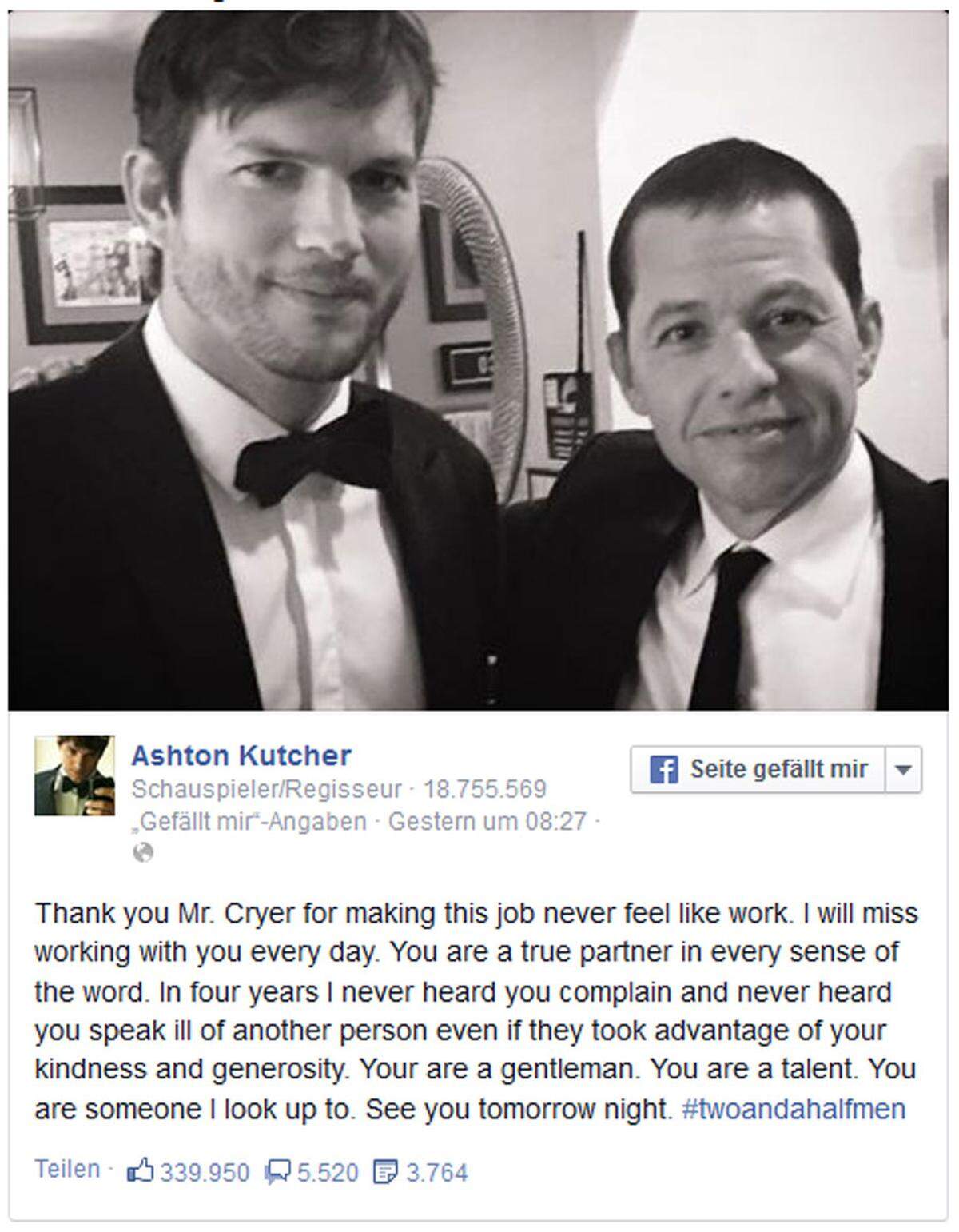 Am 22. September 2003 wurde der Pilot der Serie "Two and a Half Men" in den USA ausgestrahlt, am 19. Februar 2015 - 262 Folgen später - das Finale. Zu diesem Anlass postete Ashton Kutcher seinem Co-Star Jon Cryer ein paar digitale Kusshände (links). Und jetzt zur letzten Folge. Alles soll nicht verratet werden, nur so viel: Arnold Schwarzenegger, Christian Slater und Angus T. Jones sind mit von der Partie. Ob Charlie Sheen auch von den Toten aufersteht, wer weiß.Februar, 2015