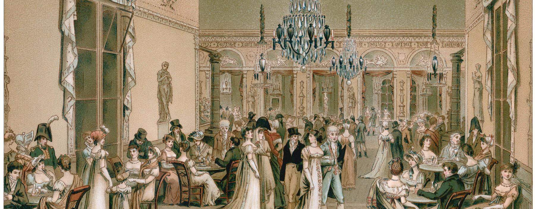 Galante Spielformen der Konversation, auf die man sich geeinigt hat. Szene aus dem Großen Salon des Café Frascati in Paris von Philibert Louis Debucourt. 