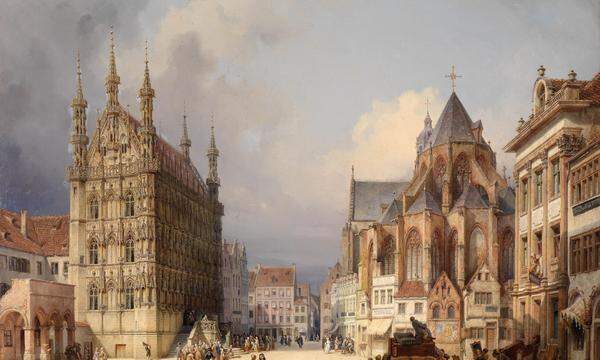 Der Alte Markt von Leuven (Löwen), Gemälde von 1854. 