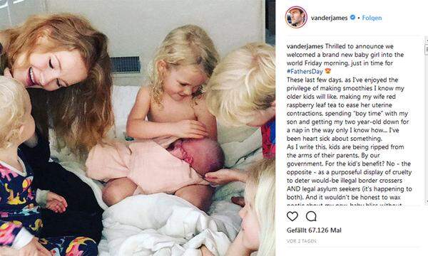 James Van Der Beek hat bereits die Kinder Emilia (2), Annabel Leah (4), Joshua (6) und Olivia (7). Mit seiner Frau Kimberly ist er seit 2010 verheiratet. Die erneute Schwangerschaft verkündete die Familie im Februar