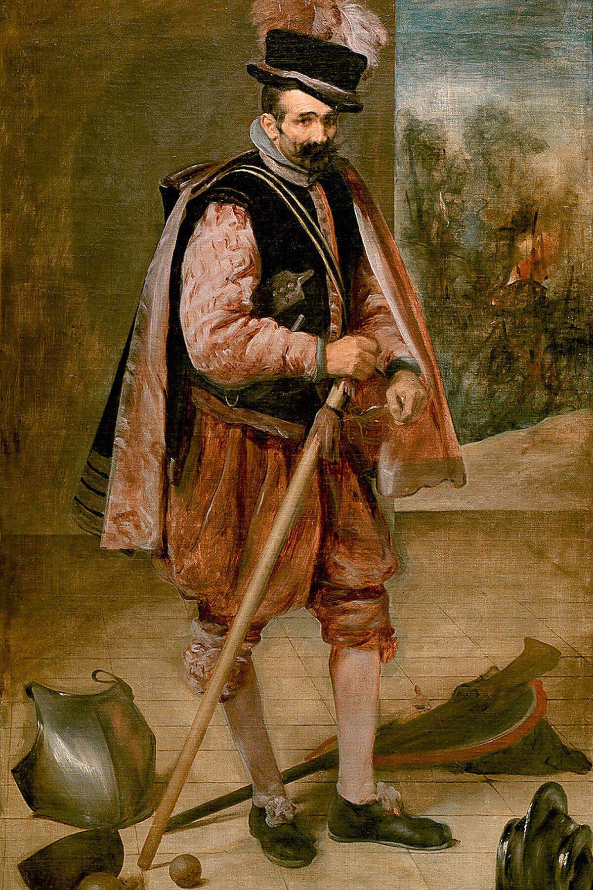 Das Bild, entstanden um 1633, zeigt den "Hofnarr Don Juan de Austria". Lange dachte man, das Bild zeige einen Soldaten, immerhin liegen Waffen und Rüstungsteile herum. Das Velázquez den Hofnarren in einen Soldaten verwandelte, entsprach zum einen der höfischen Kultur der Zeit, zum anderen dem Charakter des Malers: Ihm gefiel das Spiel mit dem Paradoxen.