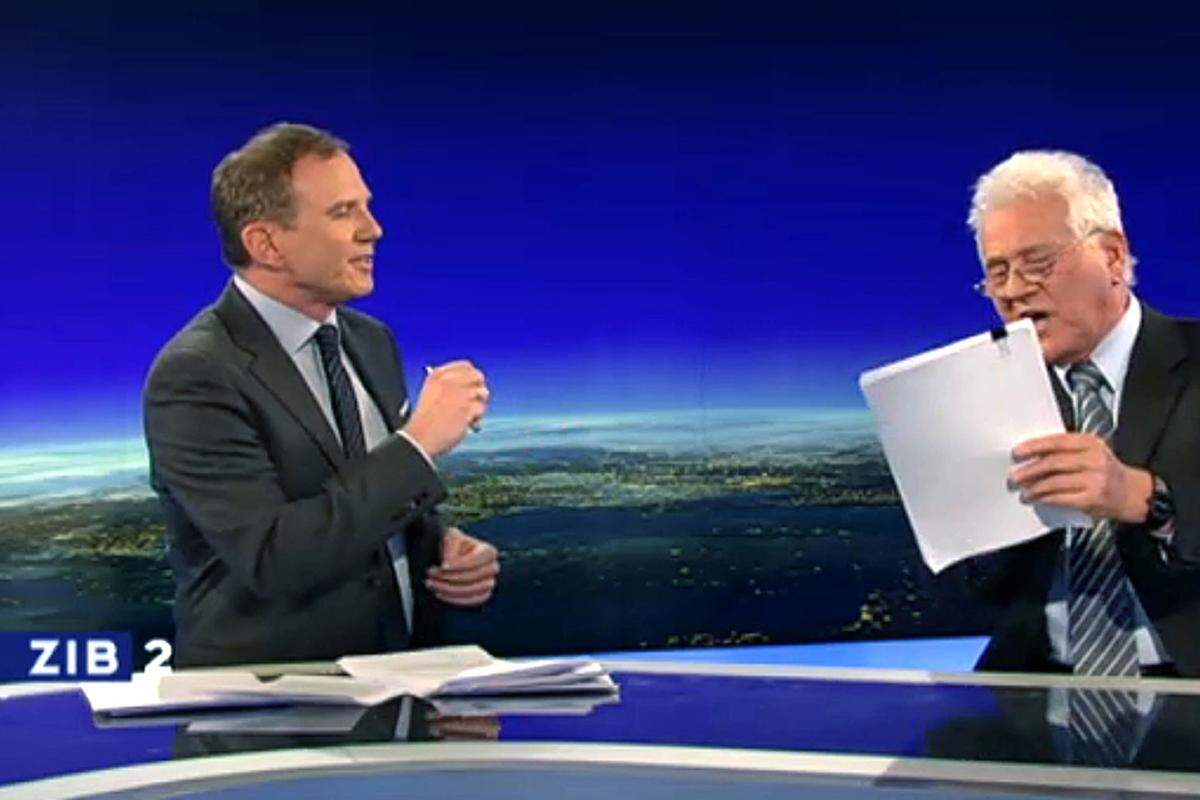 vom Donnerstag, dem 29.11.2012 mit 510.400 Aufrufen Ein skurriles Interview von "ZiB"-Moderator Armin Wolf mit Frank Stronach zum Eurofighter-Deal landet auf dem zweiten Platz. Stronach versuchte, eine Erklärung vorzulesen und brüllte den Moderator an. Mehr dazu: "Brüllender Stronach in der ZiB2" 