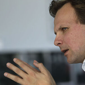 CEO of T-Mobile Austria Bierwirth gestures during an interview with Reuters in Vienna.