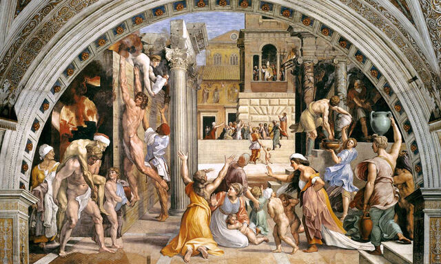 Eines der berühmten Stanzen-Fresken Raffaels im Vatikan: „L'Incendio di Borgo“, vollendet im Jahr der Reformation, 1517.