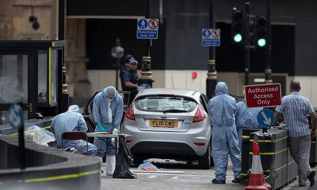 Der Ford Fiesta des Mannes krachte in eine Absperrung vor dem Parlament in London.