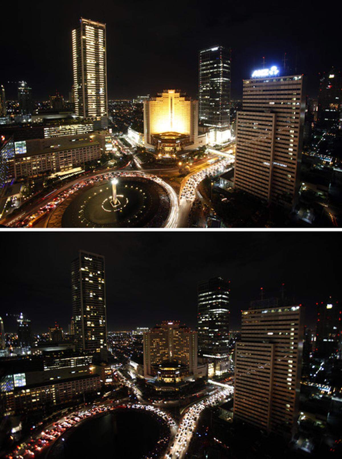 Jakarta bei Nacht und während der "Earth Hour".