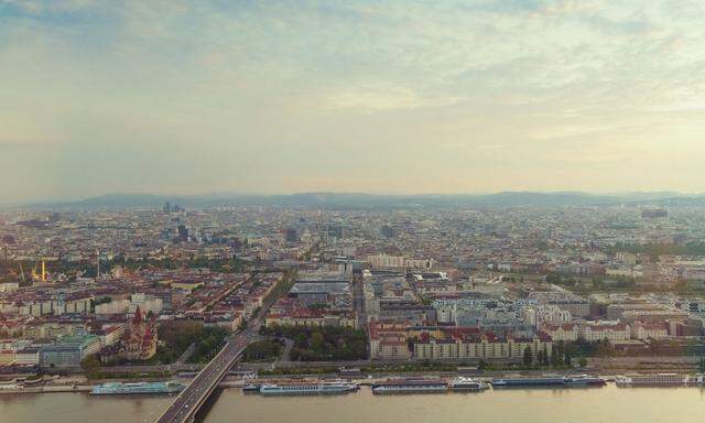 View of city from Kaisermuhlen, Melia Tower, Donau City, Vienna, Austria