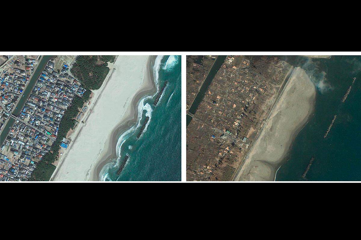 Bilder vom Satelliten GeoEye lassen das Ausmaß der Zerstörung durch den Tsunami erahnen. Die Gegend von Arahama bei der Stadt Sendia. Links aufgenommen am 10. April 2010, rechts einen Tag nach der Naturkatastrophe.