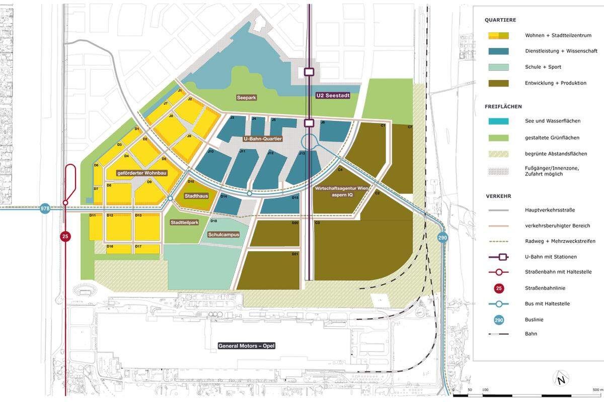 Im Bild: ein Plan des Bereiches, der als erstes bebaut wird. 2014/2015 sollen die ersten Seestädter in ihre Wohnungen einziehen. Etwa ein Jahr später soll der Bildungscampus fertig sein. 2017 soll dann damit begonnen werden, den nördlichen Teil zu bebauen.