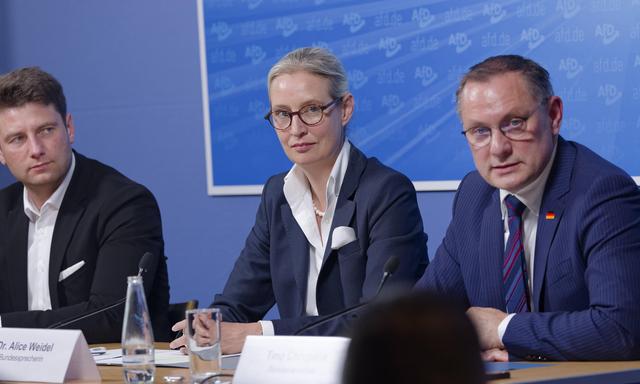 René Aust, Leiter der AfD-Delegation im EU-Parlament, Alice Weidel, Bundesprecherin der AfD, und Timo Chrupalla, Bundesprecher der AfD.