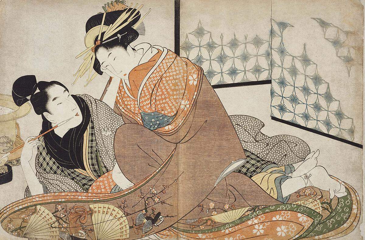 Am am Eingang zur Ausstellung im Keller des MAK (sonst das Design Labor) wird extra gewarnt, dass die "explizit erotischen Darstellungen das moralische Empfinden von Personen unter 16 Jahren verletzen könnten". Kitagawa Utamaro (1753–1806), Ein junger Besucher, 1799. Aus dem Album Negai no itoguchi [Erwachen der Begierde]. Farbholzschnitt