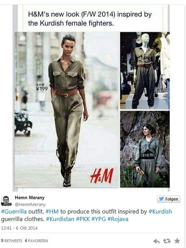Rassismusvorwürfe musste sich H&M schon 2014 gefallen lassen. Kritiker sahen in dem Overall starke Ähnlichkeiten mit den Uniformen kurdischer Soldatinnen. H&M-Pressesprecherin Ida Ståhlnacke entschuldigte sich daraufhin öffentlich.