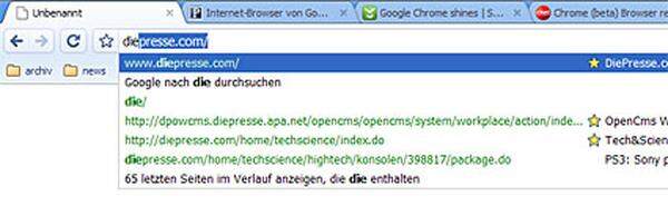 Wie auch bei IE 8 und Firefox 3 wird bei der Eingabe in die URL-Leiste in Echtzeit Verlauf und Favoriten durchsucht. Die Funktion hat allerdings Microsoft eindeutig am besten umgesetzt. Im neuen IE 8, der ebenfalls nur in einer Testversion verfügbar ist, werden die Echtzeit-Ergebnisse strukturiert dargestellt; einzelne Einträge können direkt gelöscht werden und werden dann bei künftigen Eingaben nicht mehr berücksichtigt. Natürlich hat sich auch Google für die Chrome-URL-Leise etwas besonderes ausgedacht. Die "Omnibox" - so der offizielle Name - ist nämlich nicht nur URL-Zeile, sondern auch Suchfenster.