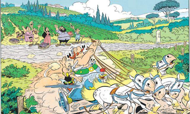 Obelix will Krieger werden wie Asterix, und beide machen sich auf ins Römerland: Zeichnung aus dem Band „Asterix in Italien“, der im Herbst erscheint.