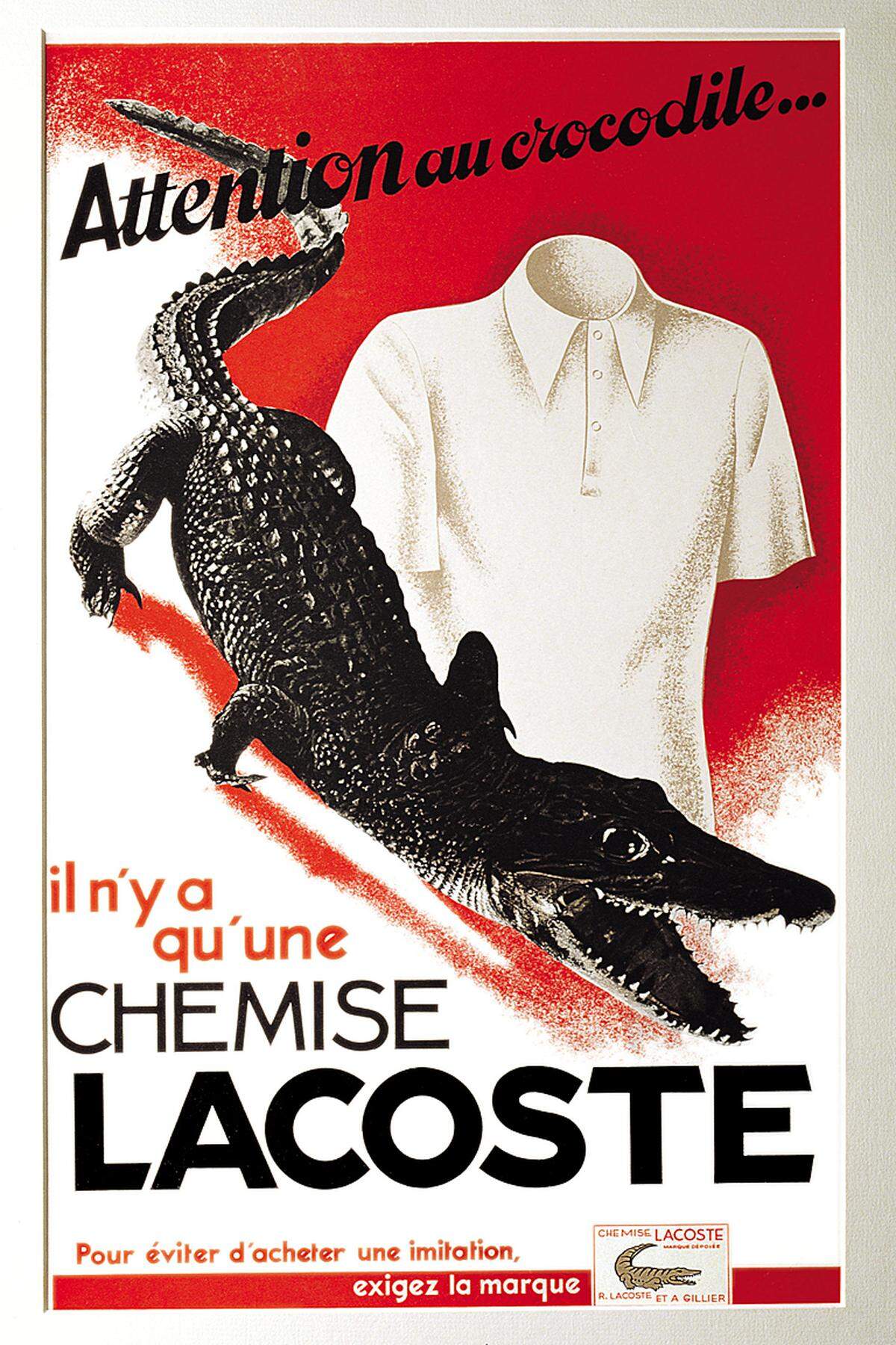 Nach der Beendigung seiner Karriere 1929 brachte er seine Lacoste-Hemden auf den Markt. Das erste Modell "L.12.12" war wie ein Tennishemd weiß. "L" stand für Lacoste, "1" für den neu entwickelten Rippenstoff, "2" für kurzärmelig und "12" für das Mustermodell.Im Bild: Lacoste-Kampagne aus dem Jahr 1937.