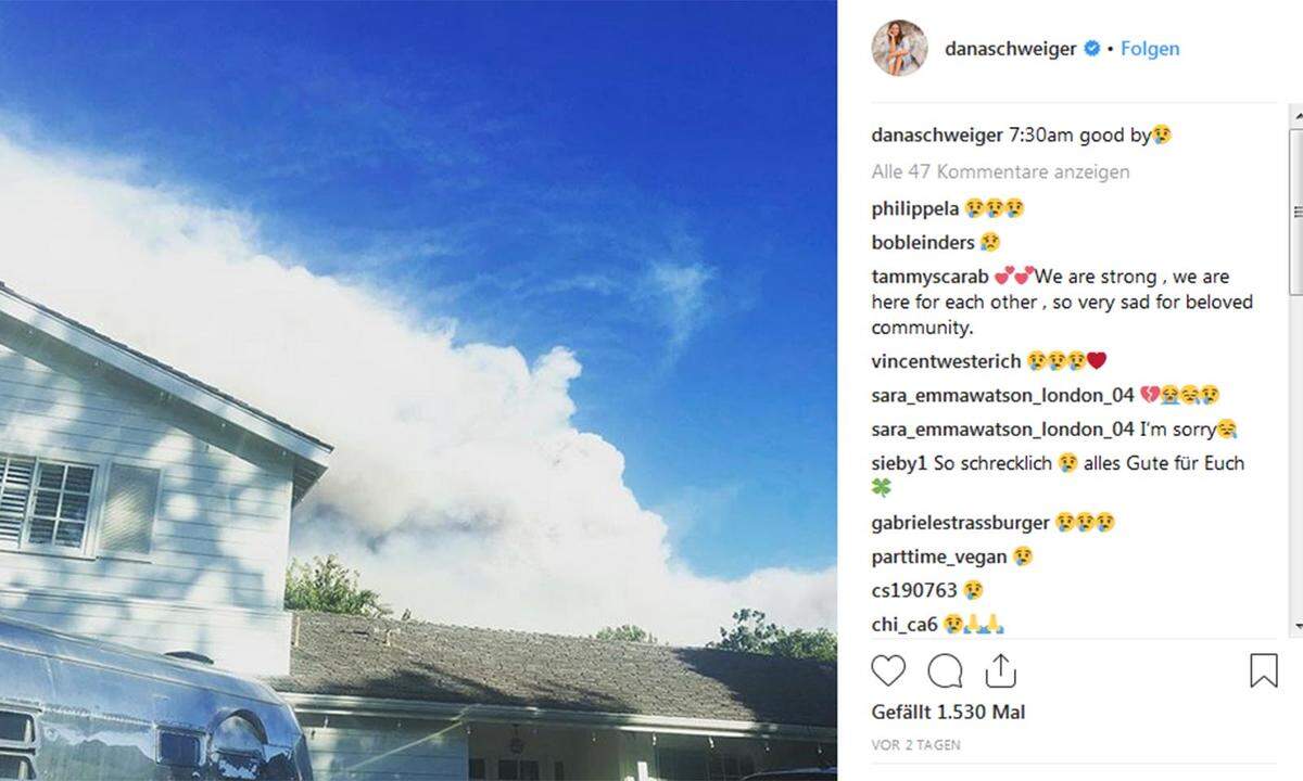 Wie so viele andere Menschen musste auch Dana Schweiger, die Ex-Frau von Til Schweiger, aus ihrem Haus in Los Angeles vor den Waldbränden fliehen. Auf Instagram postete sie noch ein Bild ihrer Villa, hinter der sich bereits dichte Rauchwolken auftürmen. Sie verabschiedet sich mit den Worten "7:30am goodbye" von ihrem Eigenheim.