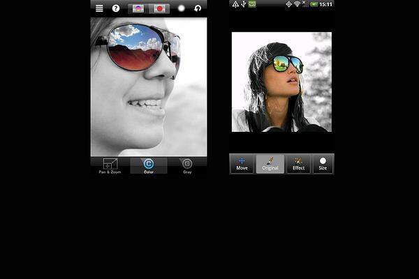 ColorSplash (links) für das iPhone und Color Touch Effects (rechts) für Android sind beide kostenlos und halten exakt, was sie versprechen: Fotos werden in Schwarz-Weiß angezeigt und mit vorsichtigen Berührungen lassen sich einzelne Bereiche wieder in Farbe tauchen. Für Android bietet sich für diesen Effekt auch PicSay Pro an, das zwar rund 3 Euro kostet, aber dafür zahlreiche Bearbeitungsmöglichkeiten bietet.