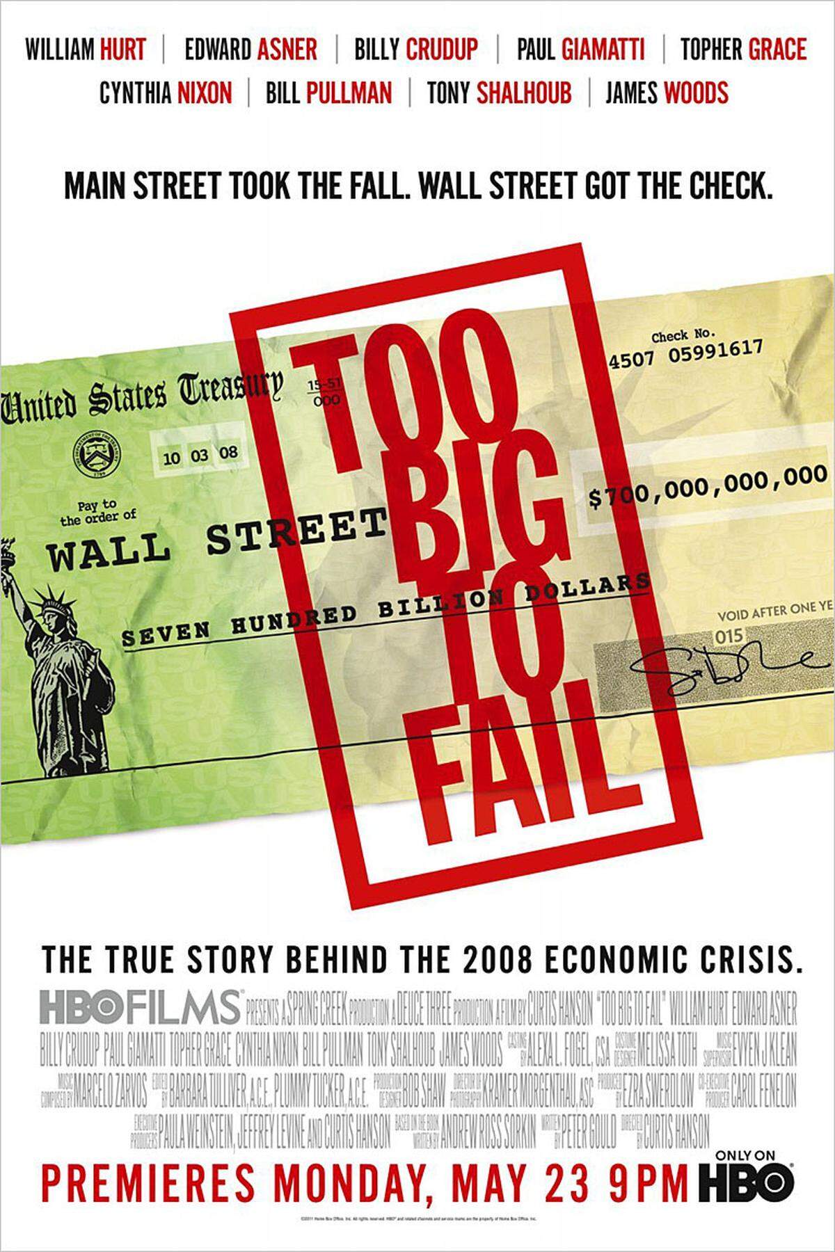 Der US-Fernsehfilm hat seinen Namen aus der Wirtschaftssprache entlehnt: Als "too big to fail" werden Unternehmen bezeichnet, bei denen man davon ausgeht, dass sie allein wegen ihrer Größe nicht pleitegehen können. Im Mittelpunkt der Verfilmung von Andrew Ross Sorkins Roman steht US-Finanzminister Henry Paulson (William Hurt) während der Krise 2008.