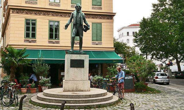 Ecke Zirkusgasse/Praterstraße: Nestroy-Denkmal.