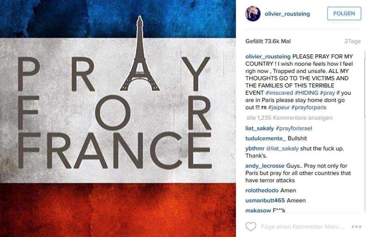 Besonders betroffen zeigt sich auch Balmain-Designer Olivier Rousteing: "Bitte betet für mein Land! Ich wünsche niemandem, dass er sich so fühlt, wie ich gerade, gefangen und unsicher. All meine Gedanken sind bei den Opfern und den Familien dieser fürchterlichen Sache."