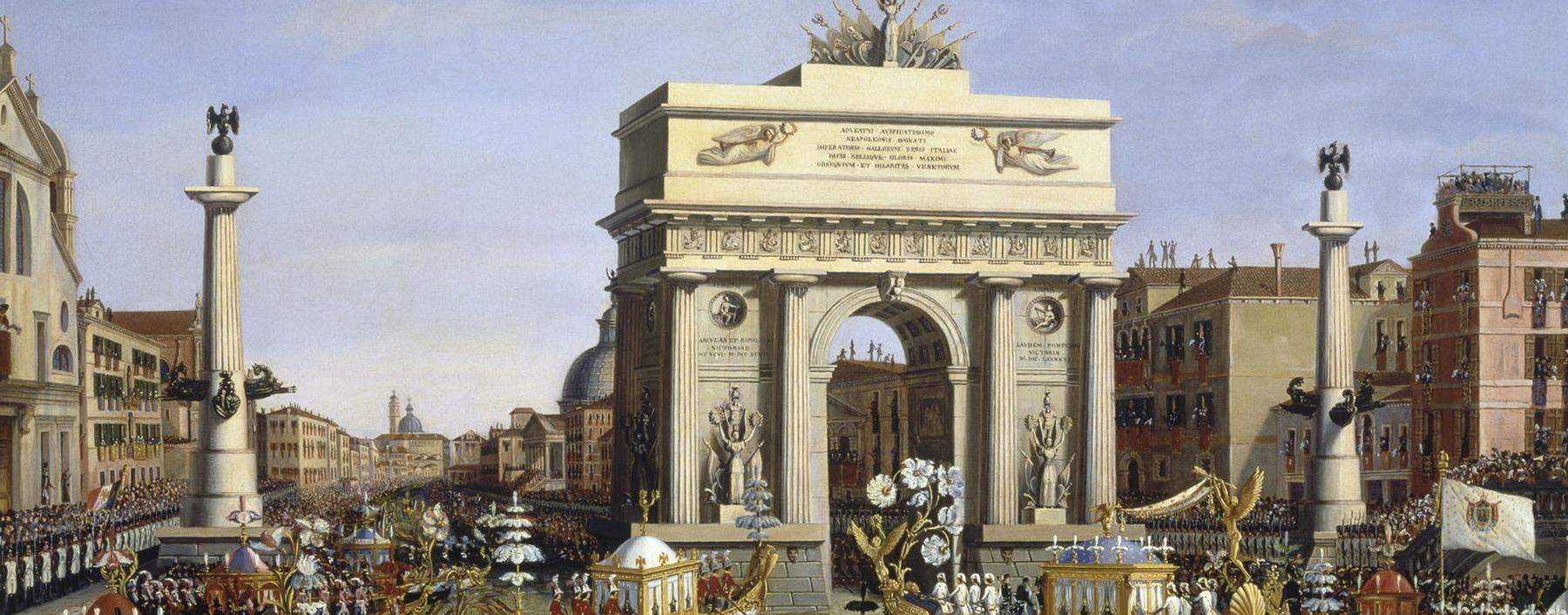 Napoleon kam nur einmal nach Venedig, das dafür mit großem Getöse: Einzug am 29. November 1807. Ein Gemälde des Venezianers Giuseppe Borsato.