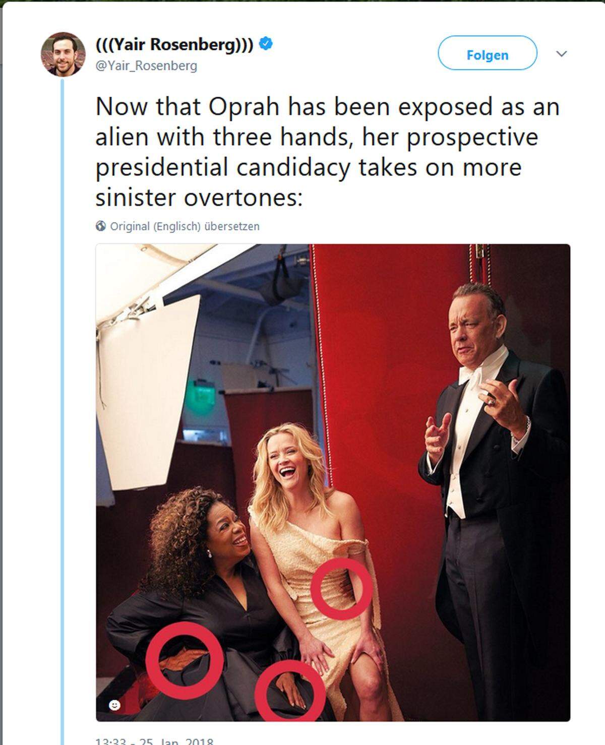 Mit hoher Wahrscheinlichkeit handelt es sich bei den drei Beinen um eine optische Täuschung. Auf dem Behind-the-Scenes-Bild mit Oprah Winfrey, Tom Hanks und Reese Witherspoon allerdings hat Winfrey ganz klar drei Hände. Kein Wunder, dass sie so viel unter einen Hut bekommt, meinen die User dazu. Hollywoodstar James Franco wurde übrigens nach Vorwürfen der sexuellen Belästigung wegretuschiert.