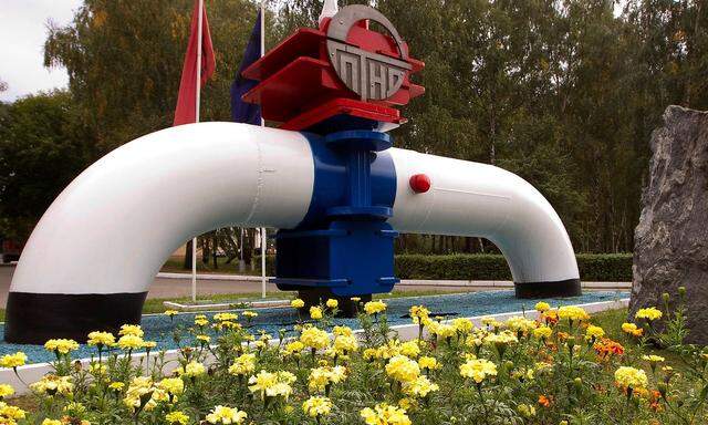FILE PHOTO: Model of a pipeline is seen at the main entrance to the Gomel Transneft oil pumping station, which moves crude through the Druzhba pipeline westwards to Europe, near Mozyr