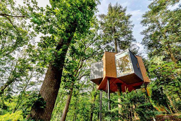 Luftig. Das erste Baumhaushotel Dänemarks hängt am Mariagerfjord zwischen den Kiefern. Sechs Meter hoch, ist „Løvtag“ (Blätterdach) vermutlich nichts für Vertigo-Geplagte. Entwurf: Sigurd Larsen. www.lovtag.dk