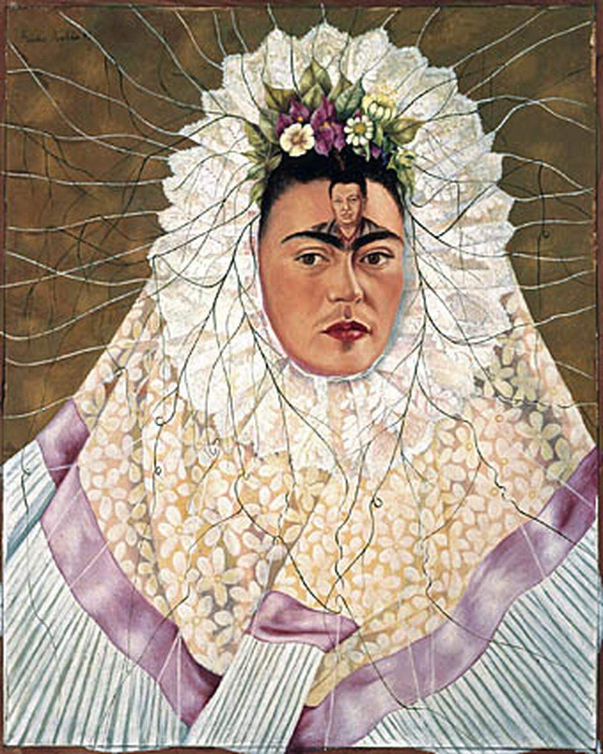 Wesentlichen Einfluss auf das Schaffen von Kahlo hatte ihr Ehemann Diego Rivera, den sie 1929 heiratete. Die Ehe mit dem um 21 Jahre älteren Maler kann getrost als turbulent bezeichnet werden.  Frida Kahlo: Selbstbildnis als Tehuana oder Diego in meinen Gedanken (Autorretrato como Tehuana o Diego en mi pensiamento), 1943  The Jacques and Natasha Gelman Collection of 20th Century Mexican Art and The Vergel Foundation 
