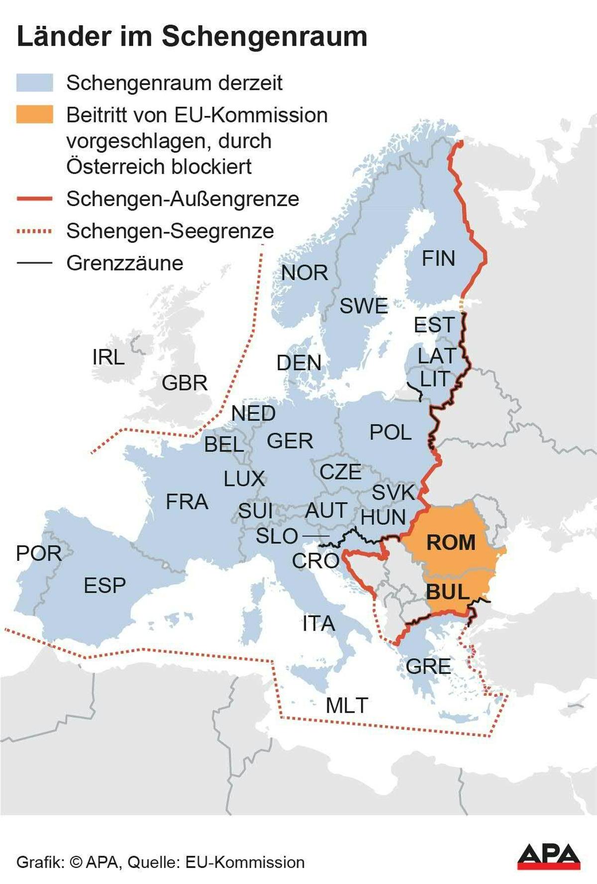 De EU-landen Bulgarije en Roemenië maken geen deel uit van het Schengengebied.