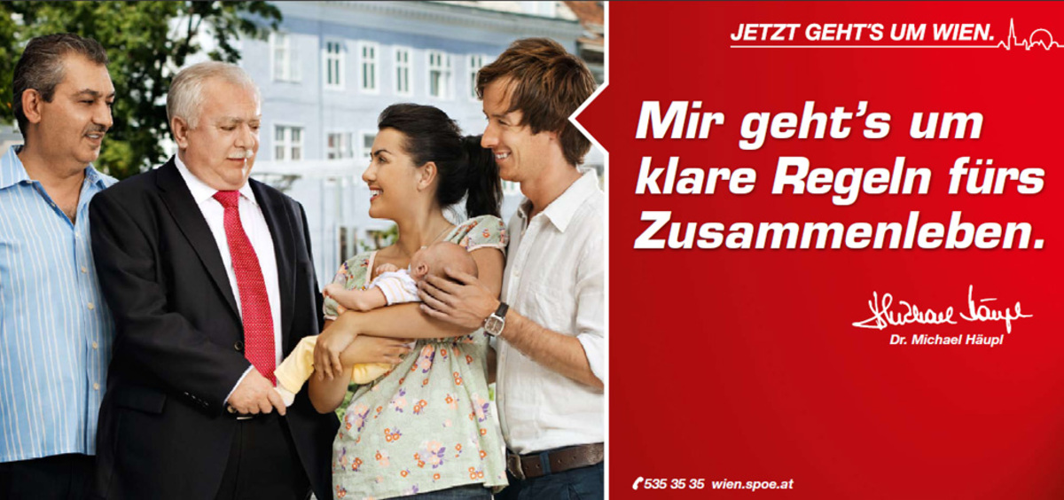 Wenig konkret streifen die SP-Plakate auch das beherrschende Thema dieses Wahlkampfs: Integration. Was da geht? "Klare Regeln fürs Zusammenleben", glaubt ein in den Smalltalk mit einer frischgebackenen Mama vertiefter Bürgermeister.